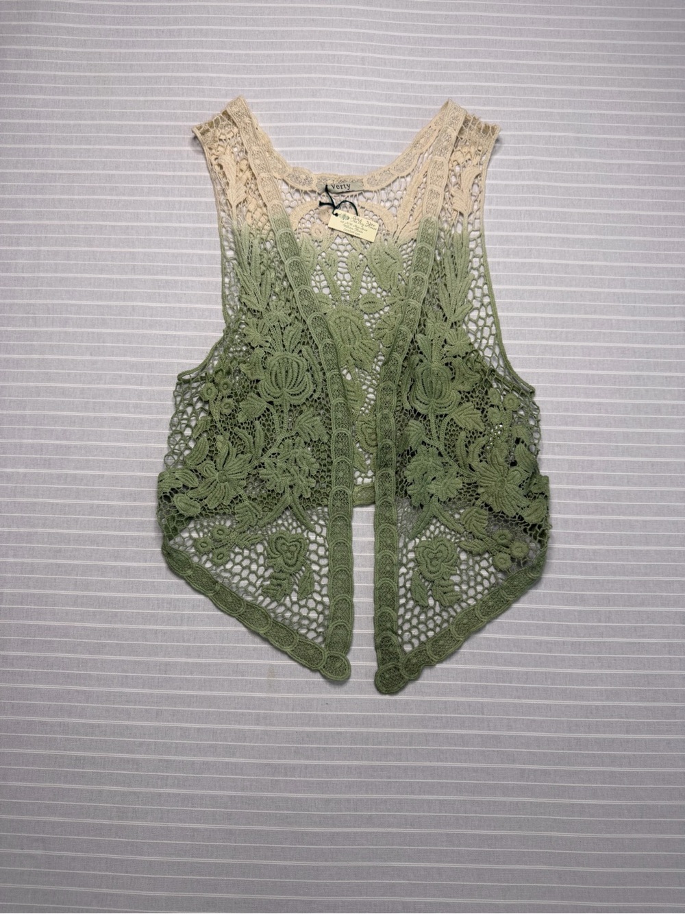 Verty Cream & Sage Crochet Lace Open-Front Vest — New